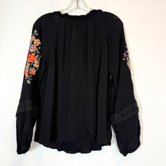 Savannah Jane Embroidered Black Boho Top Blouse Peasant Floral Lace Large - Picture 4 of 11